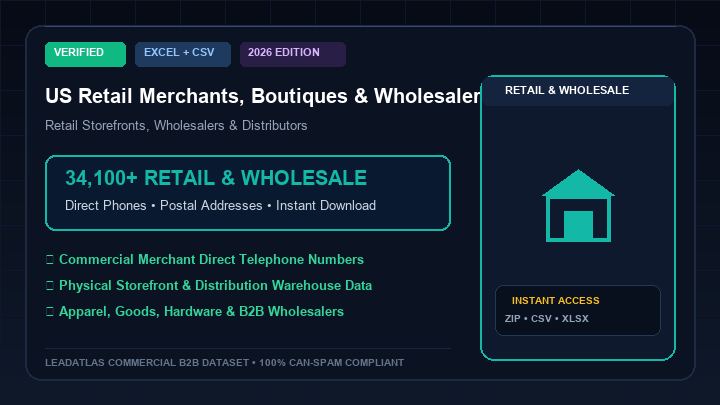 US Retail Merchants, Boutiques & Wholesalers (34,100+ Records)